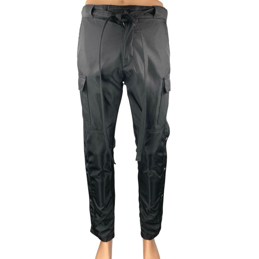 MNML Men's Black High Waist Belted Snap Button Straight Cargo Trousers Pants 28